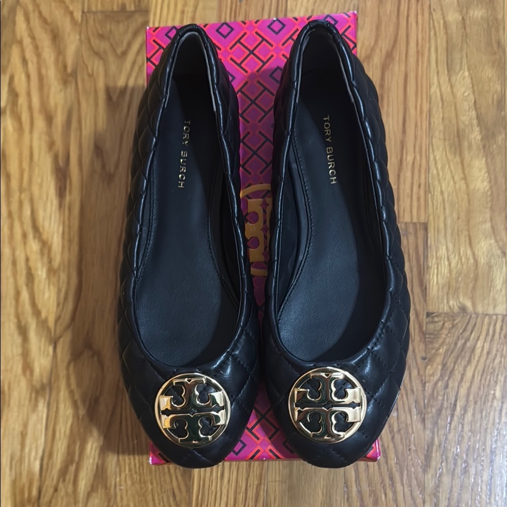 Tory Burch Black Quilted Flats with Gold Medallion. Worn Once!